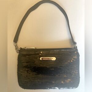 Michael Kors Black Sequin and Leather Wristlet Clutch Evening Bag Shiny EUC